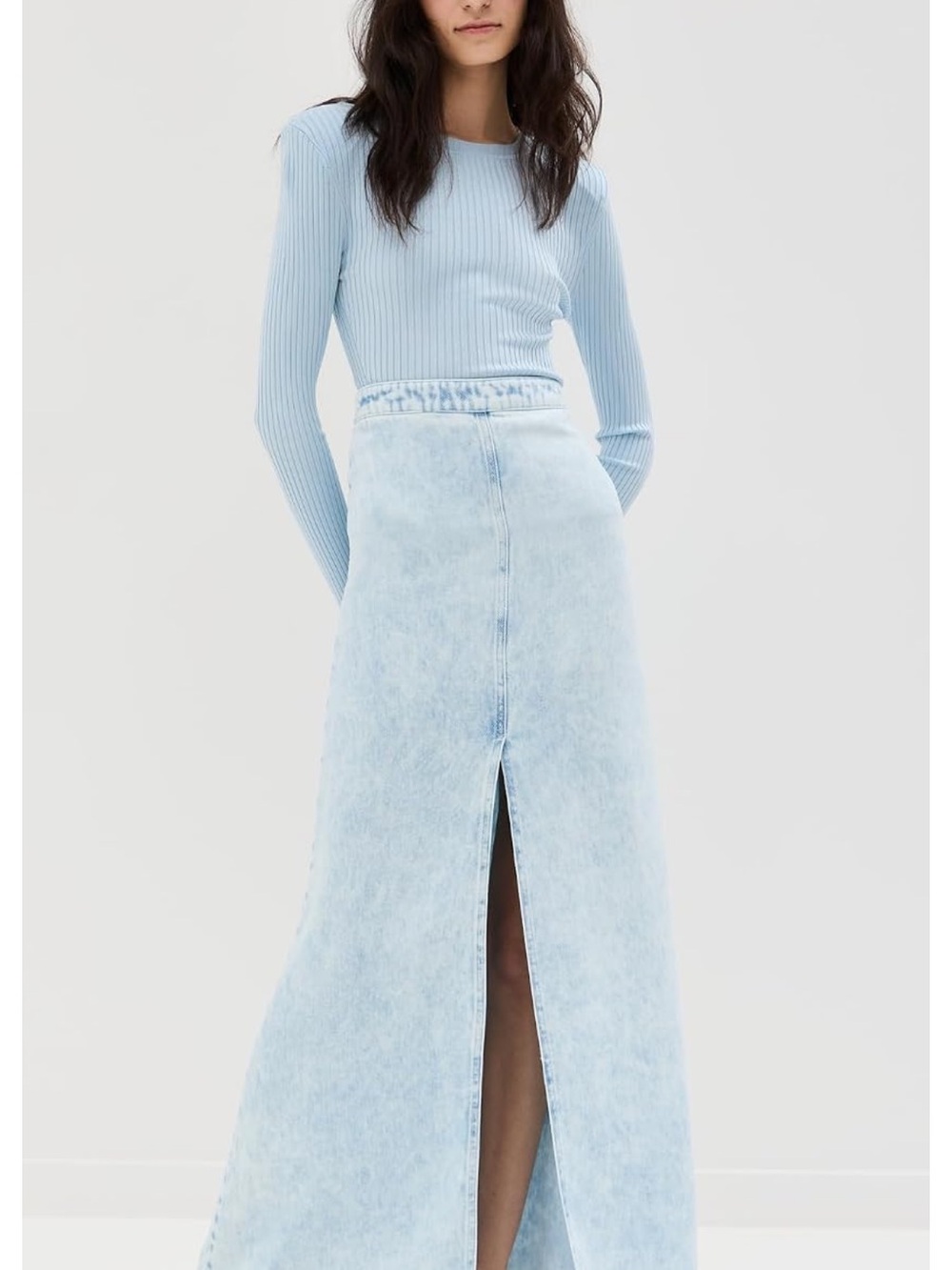 IRO Light Blue Maxi Denim Carolia Skirt with Center Front Slit sz0